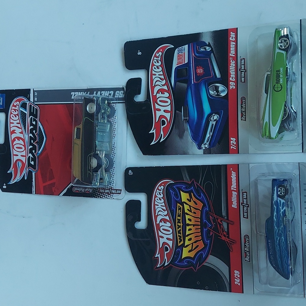 3 Hot Wheels 55 chevy panel, rolling thunder, Cadillac 59 funny car. collectabl